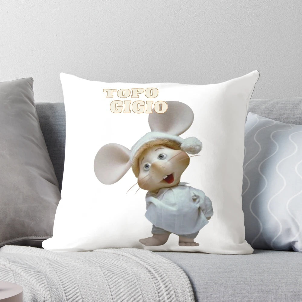 Topo Gigio, a cute white mouse, featured on a soft plush pillow for children's bedroom decor.