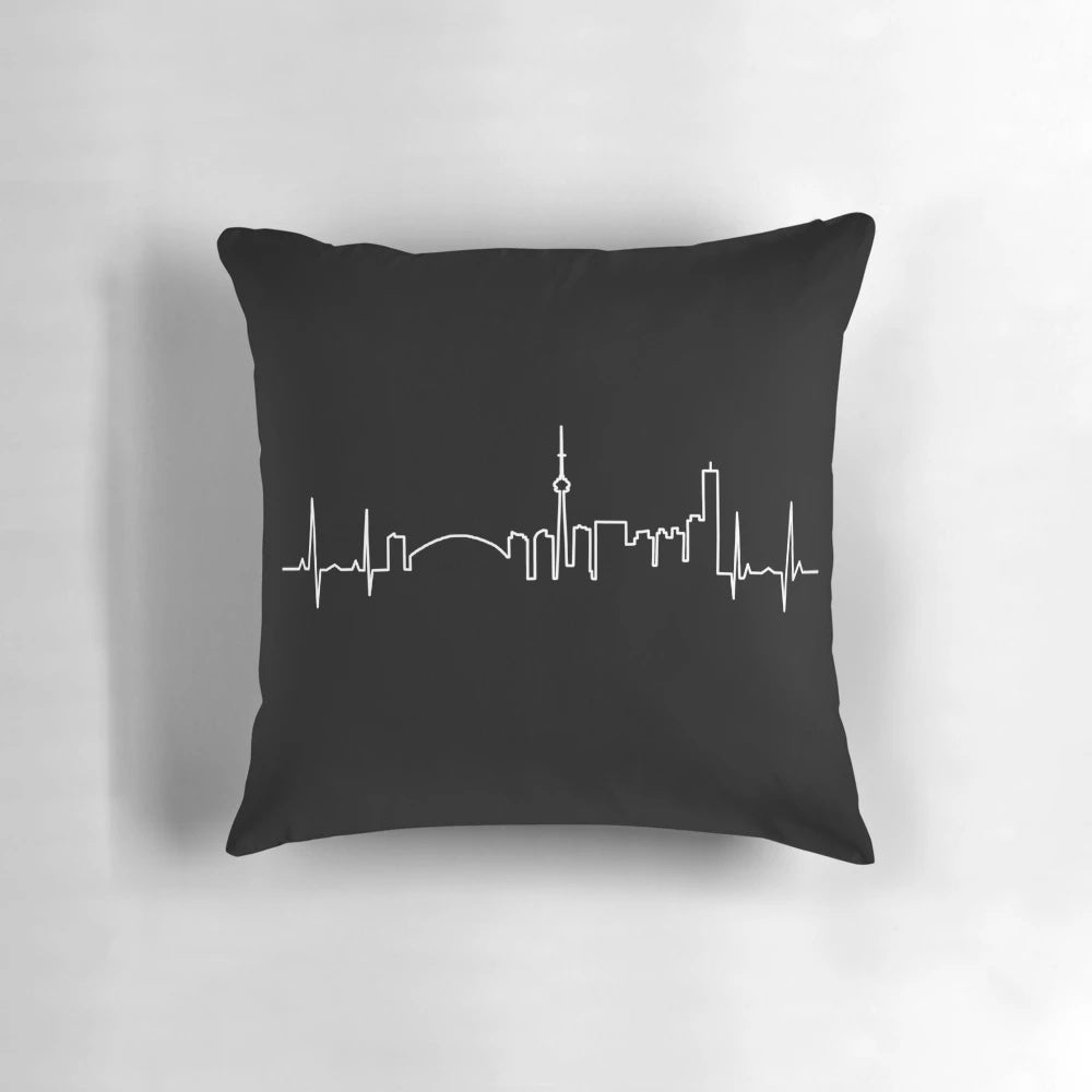 Black and white Toronto skyline silhouette with heartbeat design pillow