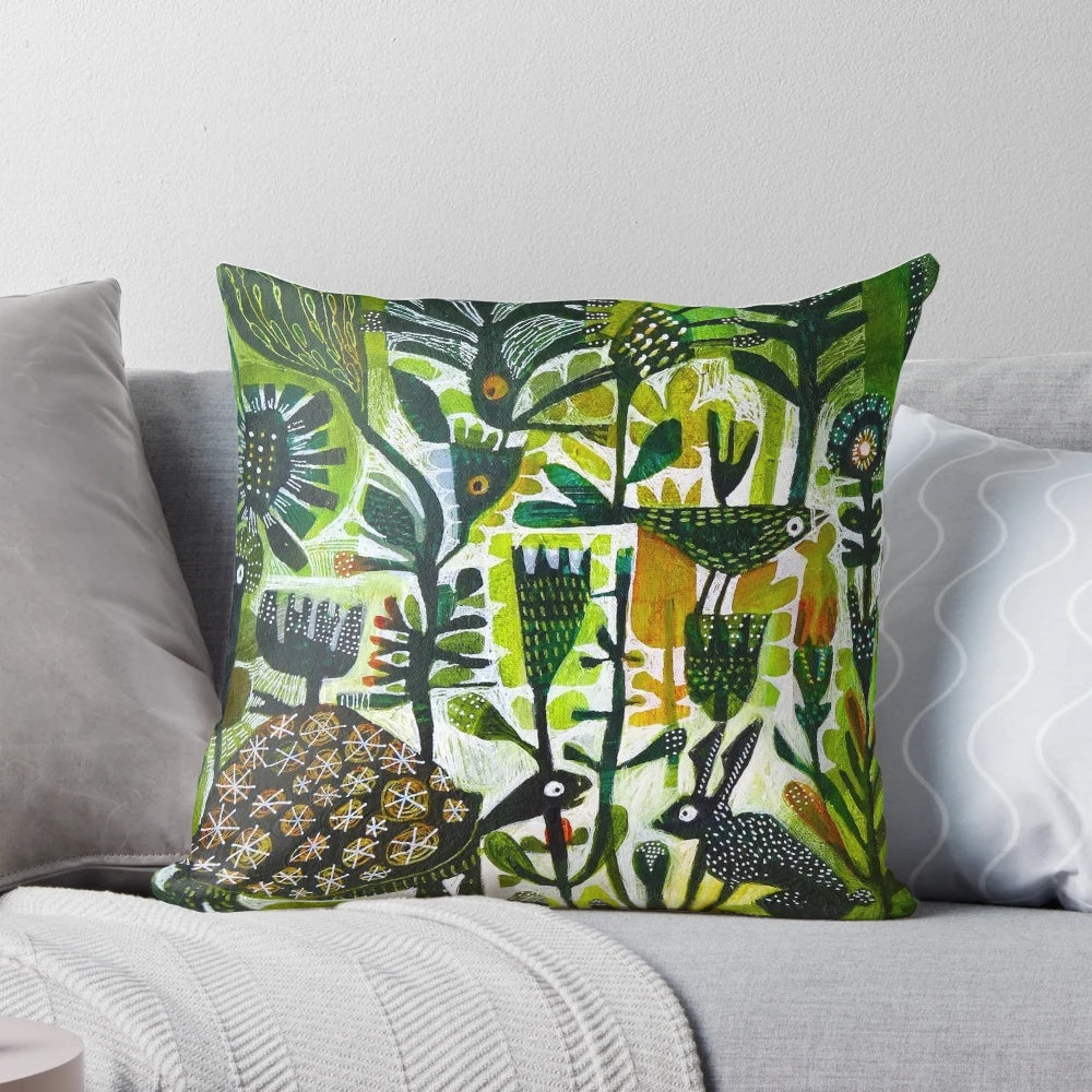 A decorative throw pillow featuring the classic fable of the tortoise and the hare.