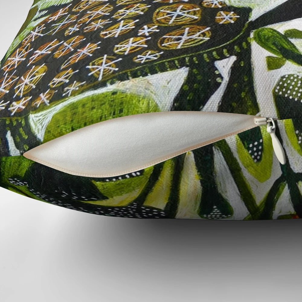 A decorative throw pillow featuring the classic fable of the tortoise and the hare.