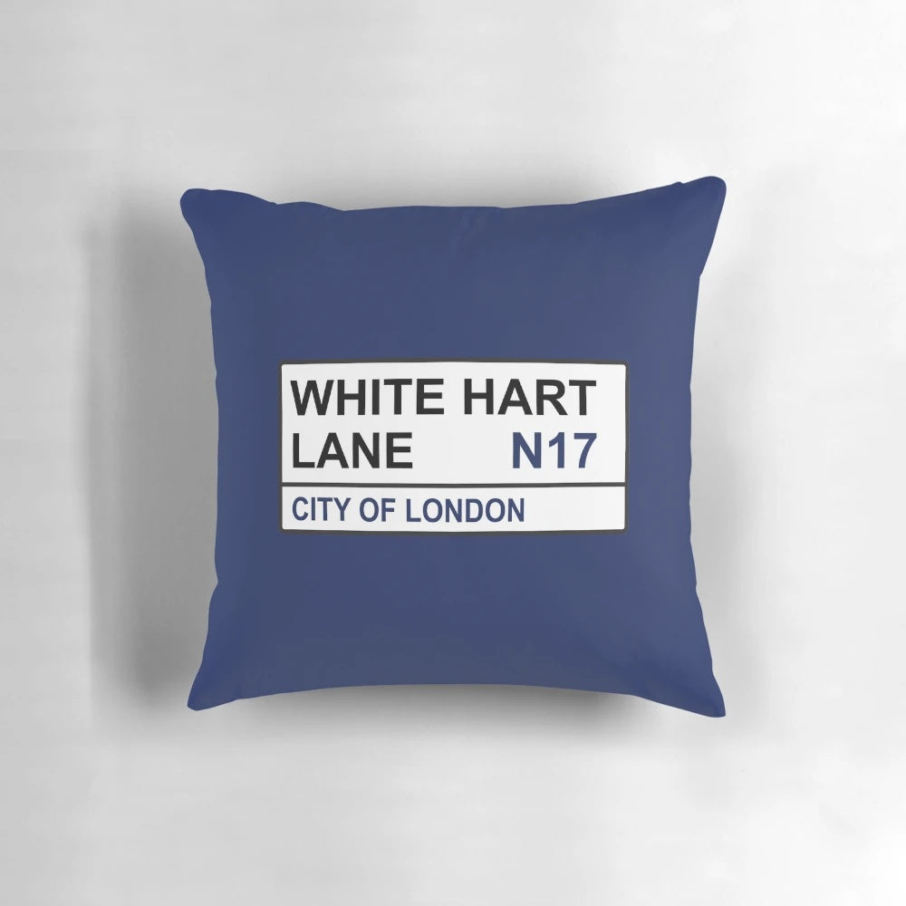 White and navy blue football-themed pillow with Tottenham Hotspur and White Hart Lane design