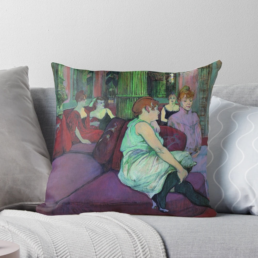 Decorative pillow featuring the painting "Salon de la rue des Moulins" by the famous French artist Henri de Toulouse-Lautrec.