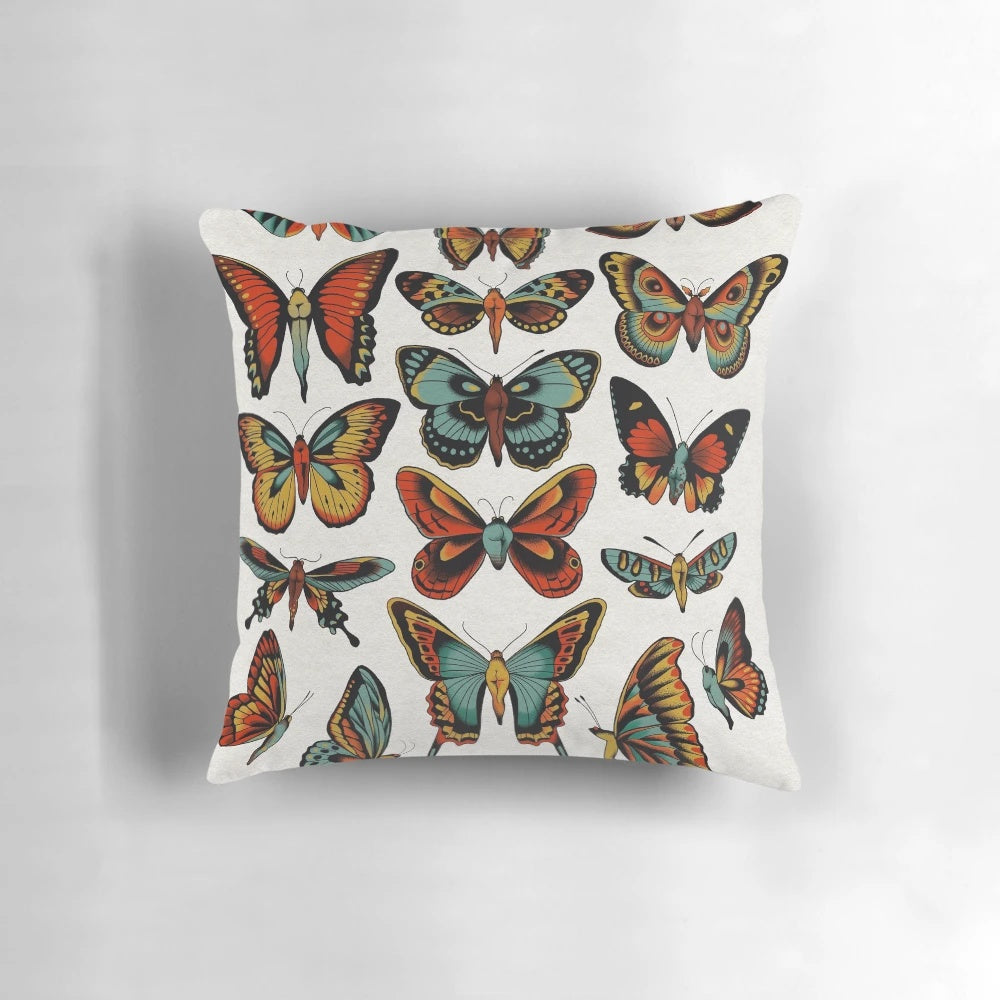 Decorative throw pillow featuring a traditional tattoo-style butterfly design