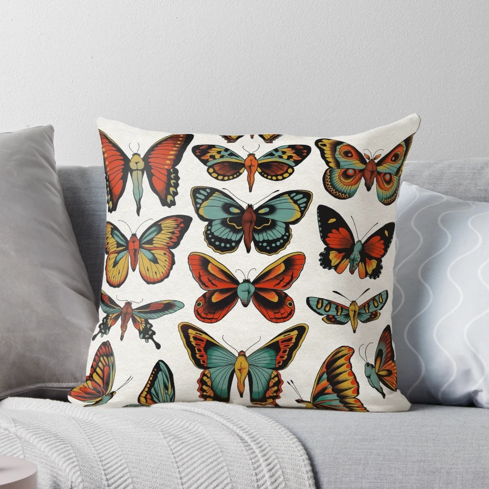 Decorative throw pillow featuring a traditional tattoo-style butterfly design