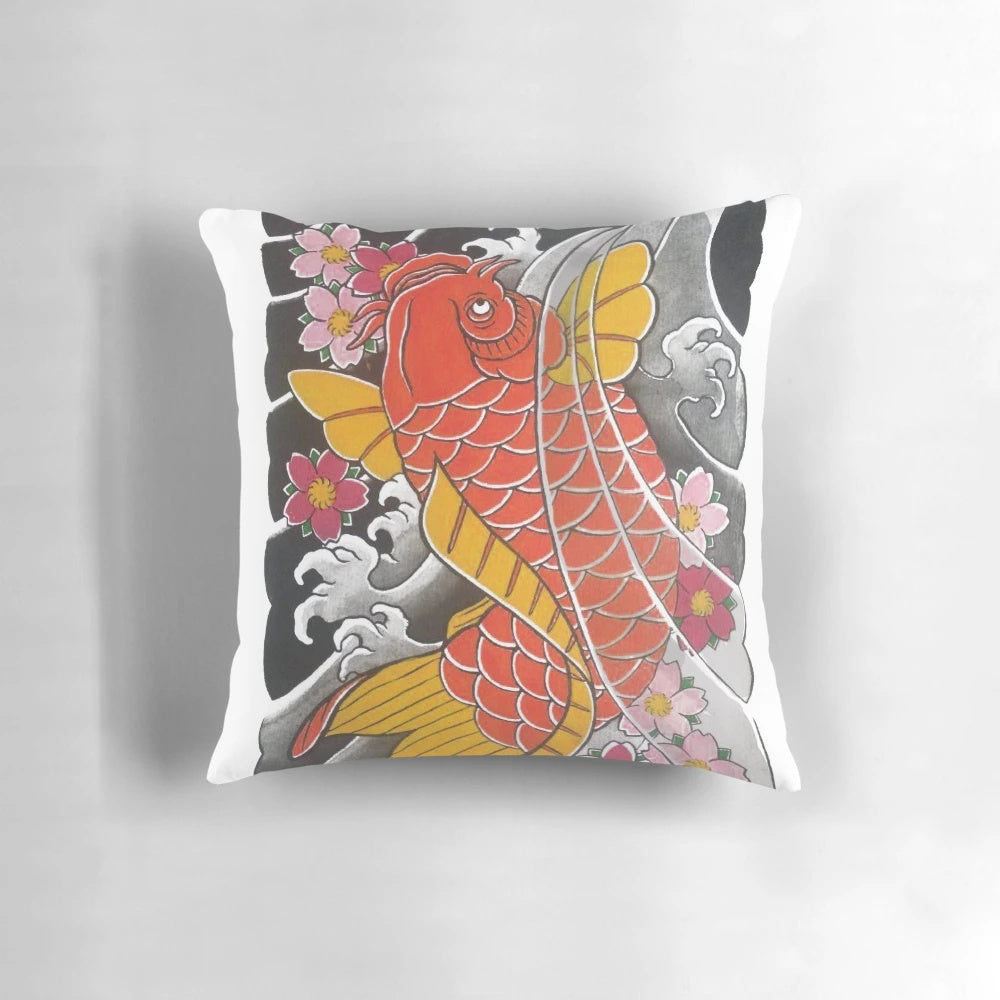 Vibrant pillow featuring a Japanese-inspired design of colorful koi fish and cherry blossoms
