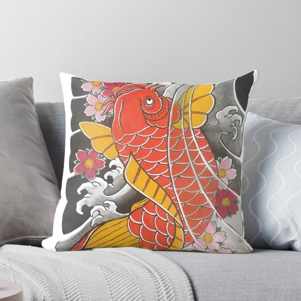 Vibrant pillow featuring a Japanese-inspired design of colorful koi fish and cherry blossoms