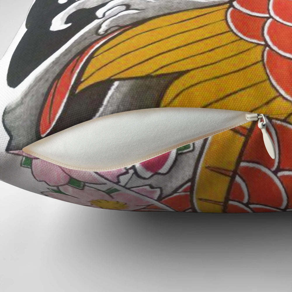 Vibrant pillow featuring a Japanese-inspired design of colorful koi fish and cherry blossoms