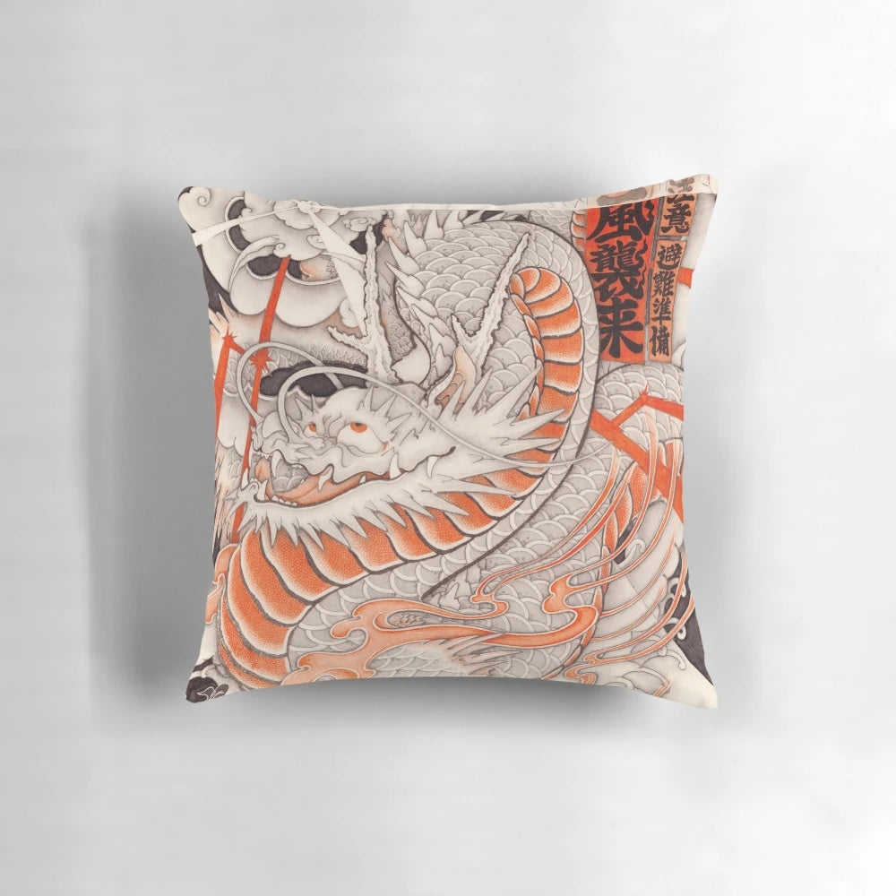 Colorful Japanese tattoo-inspired pillow with a majestic typhoon dragon design