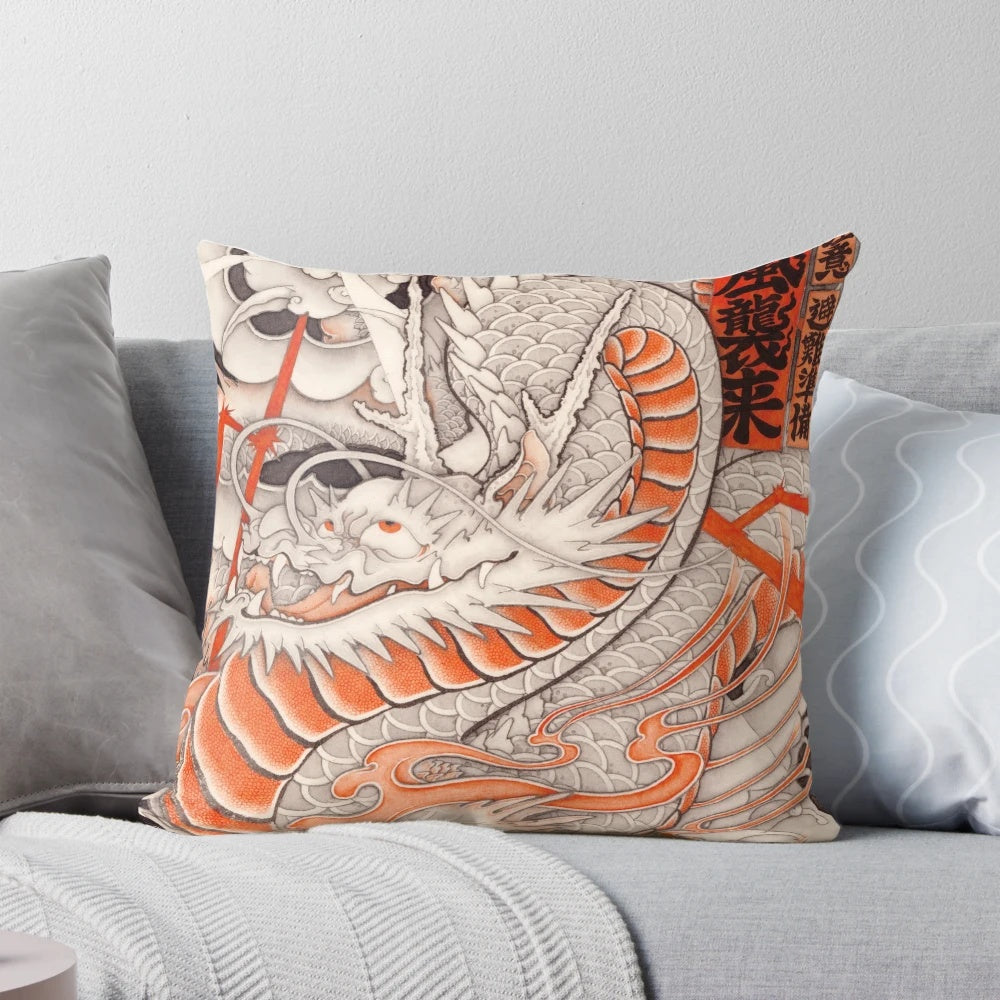 Colorful Japanese tattoo-inspired pillow with a majestic typhoon dragon design