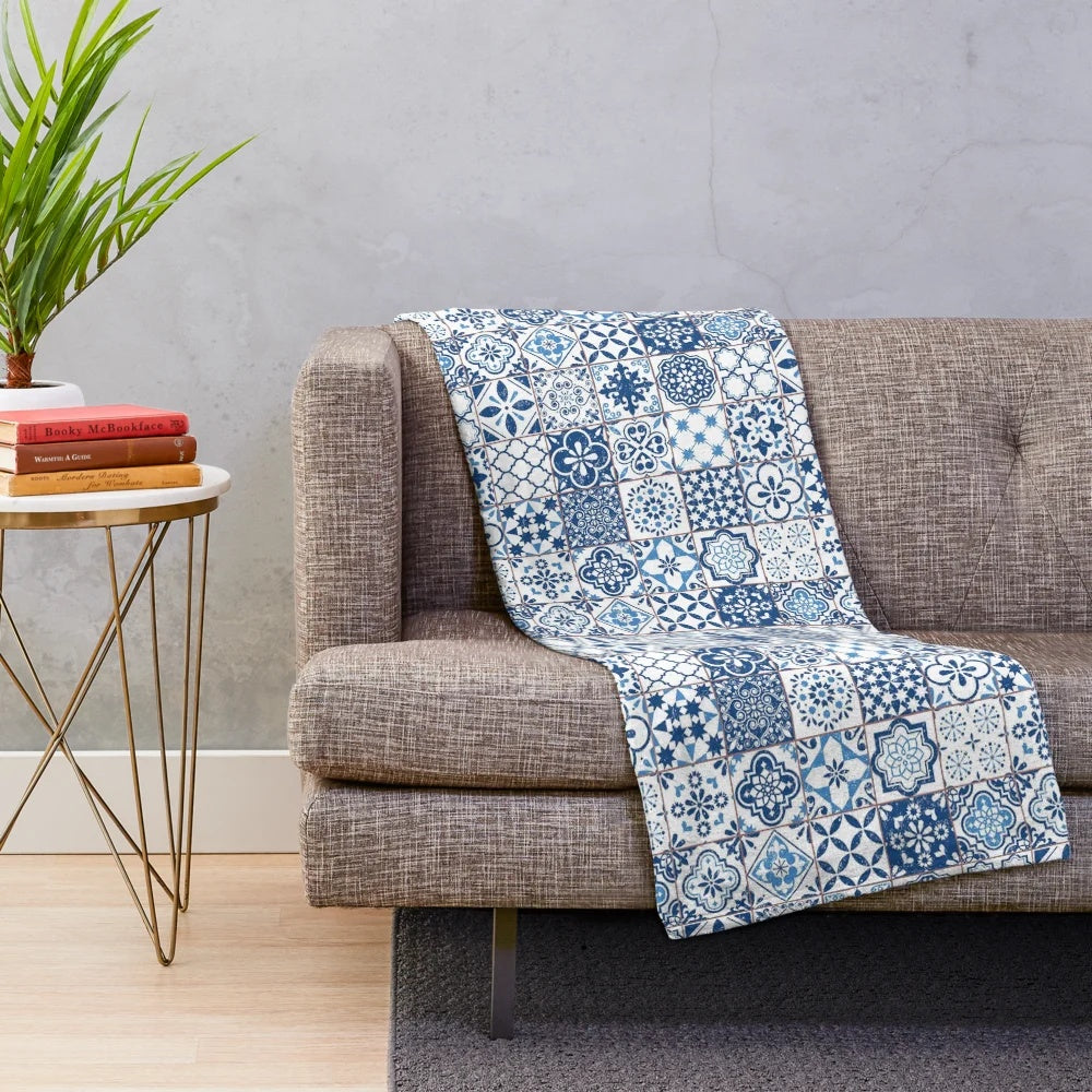 Soft and cozy plush blanket featuring a traditional Portuguese azulejos ceramic tile pattern