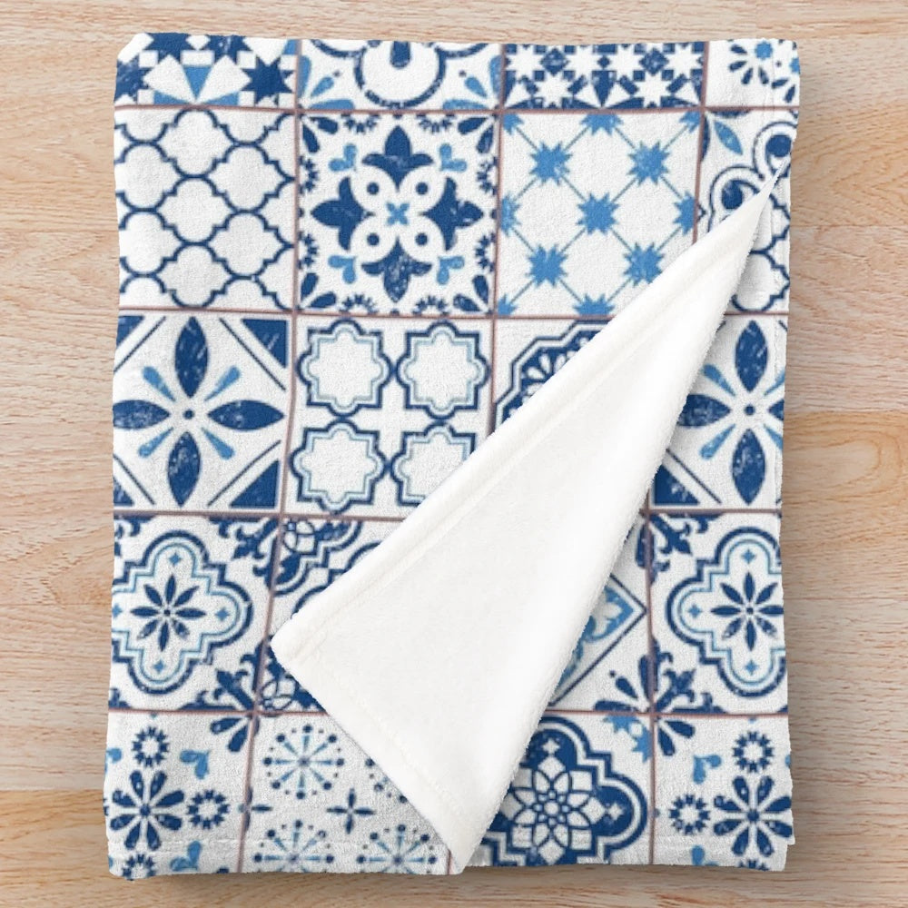 Soft and cozy plush blanket featuring a traditional Portuguese azulejos ceramic tile pattern