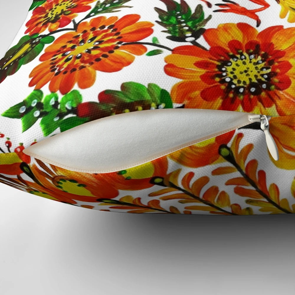 Vibrant Petrykivka-style illustration of a firebird on a decorative throw pillow