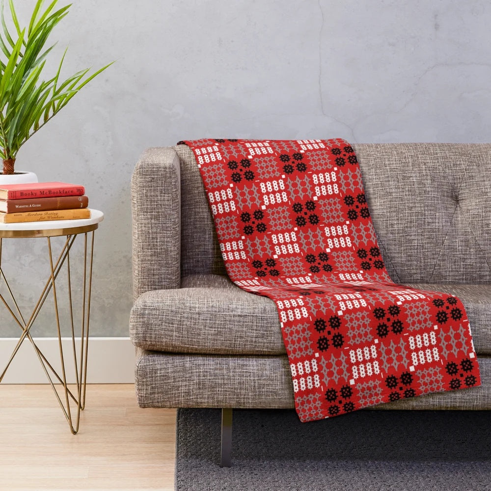 Traditional Welsh Penmynydd Pattern Plush Blanket in Red