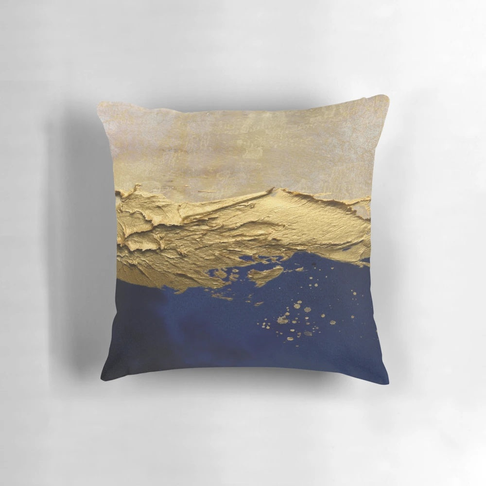 Serene contemporary abstract painting in navy blue with gold metallic effects, creating a calming, coastal ambiance.