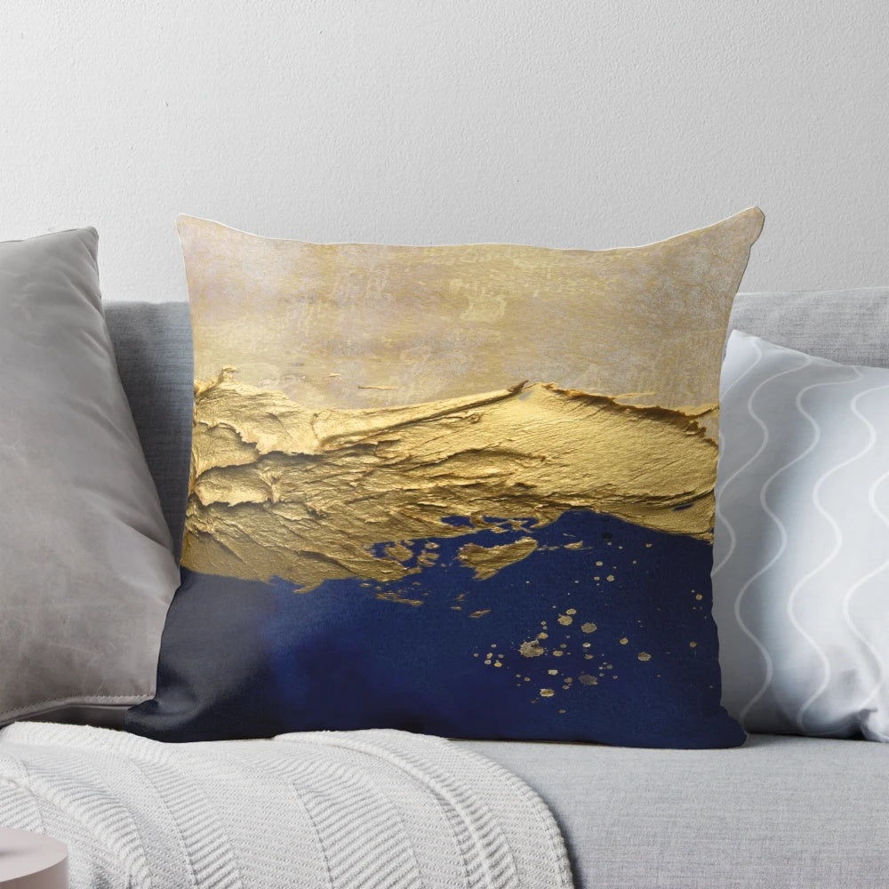 Serene contemporary abstract painting in navy blue with gold metallic effects, creating a calming, coastal ambiance.