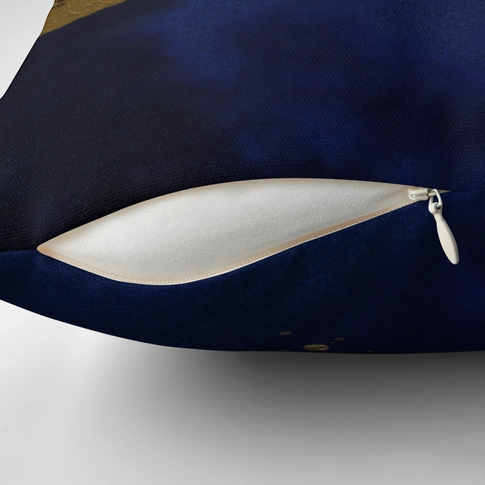 Serene contemporary abstract painting in navy blue with gold metallic effects, creating a calming, coastal ambiance.