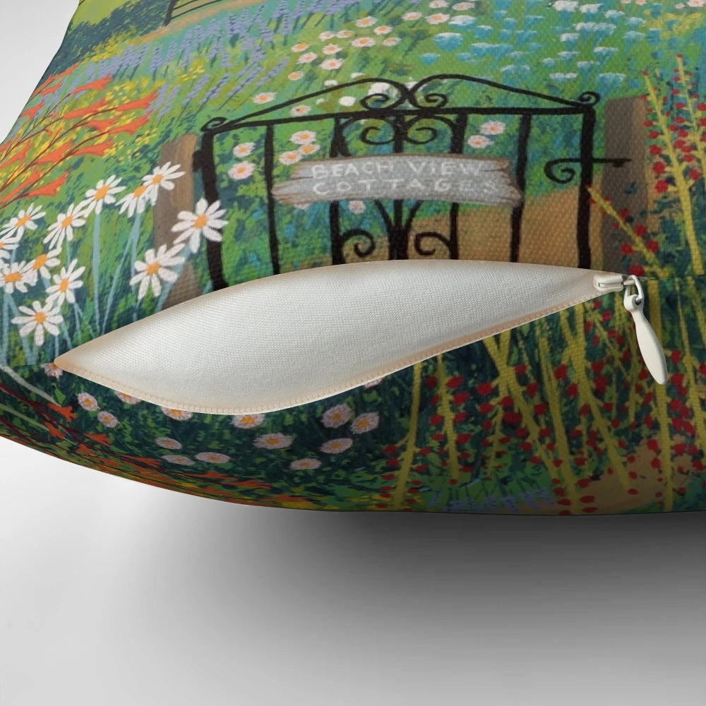 Pillow featuring a serene coastal landscape with beach cottages