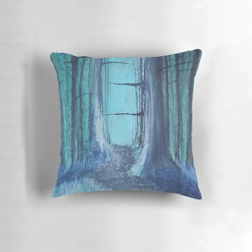 A calming blue woods pillow with an oil pastel design, creating a serene and peaceful atmosphere.