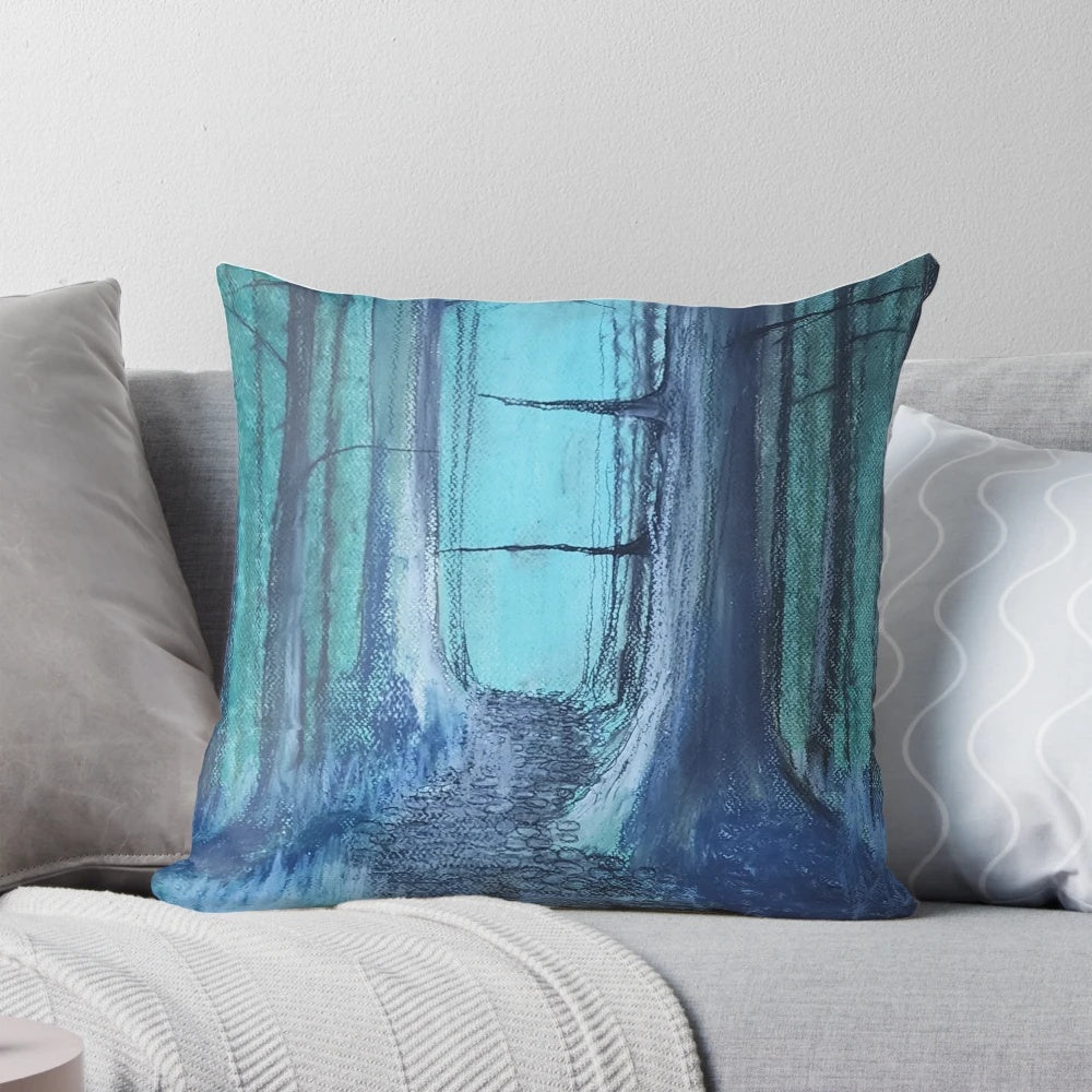 A calming blue woods pillow with an oil pastel design, creating a serene and peaceful atmosphere.
