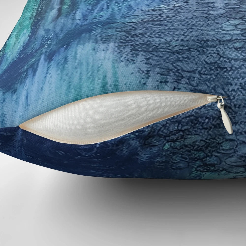 A calming blue woods pillow with an oil pastel design, creating a serene and peaceful atmosphere.