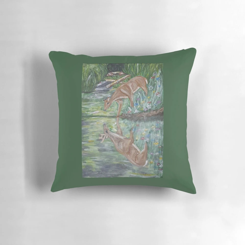 Pillow featuring a hand-painted deer reflection on a lake surrounded by nature