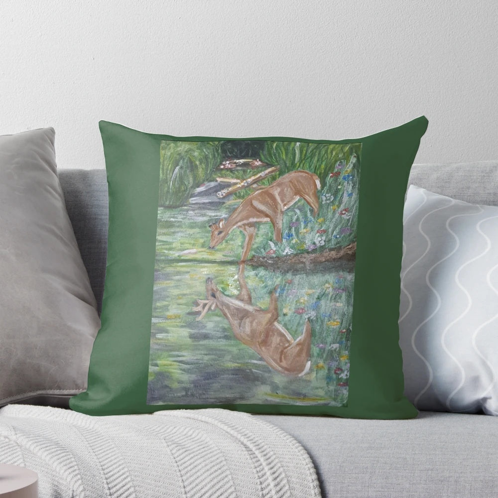 Pillow featuring a hand-painted deer reflection on a lake surrounded by nature