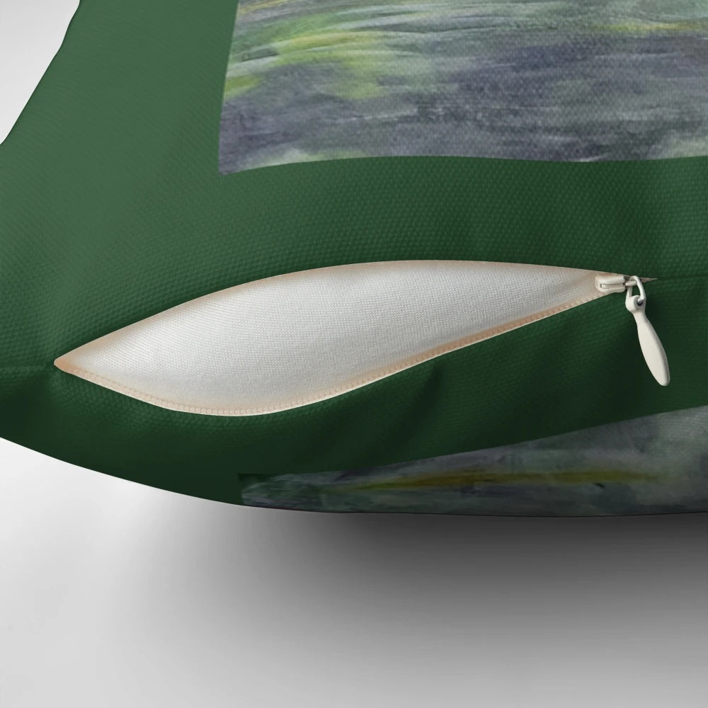 Pillow featuring a hand-painted deer reflection on a lake surrounded by nature