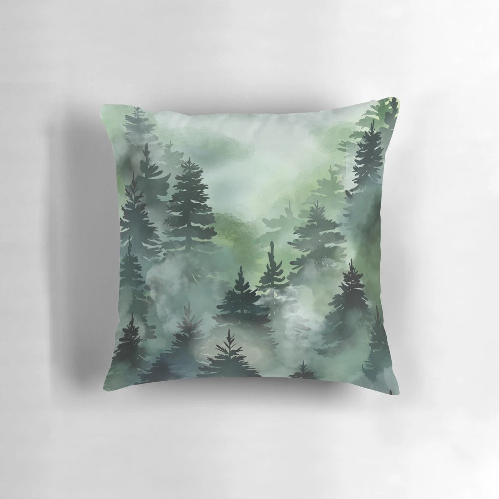 Soft, cozy pillow featuring a minimalist design of a misty, serene forest landscape