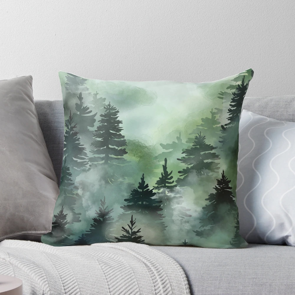 Soft, cozy pillow featuring a minimalist design of a misty, serene forest landscape