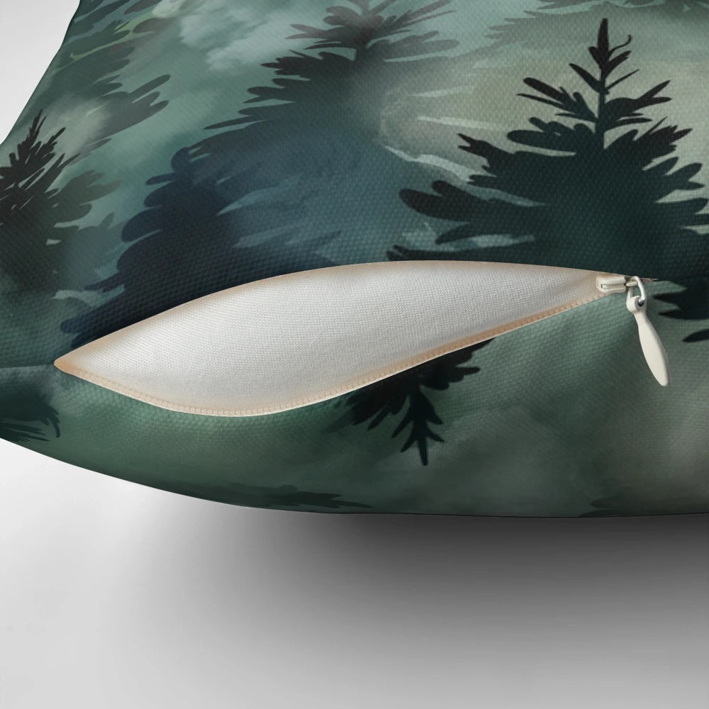 Soft, cozy pillow featuring a minimalist design of a misty, serene forest landscape