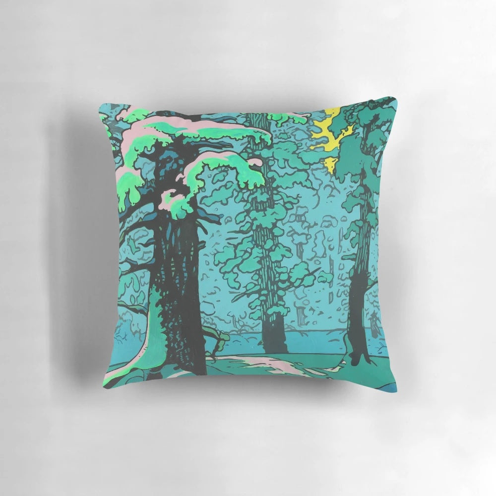 A soft, plush green forest pillow with a serene landscape design, perfect for creating a peaceful, nature-inspired atmosphere.