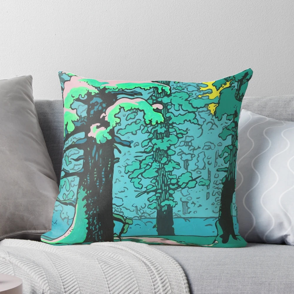 A soft, plush green forest pillow with a serene landscape design, perfect for creating a peaceful, nature-inspired atmosphere.