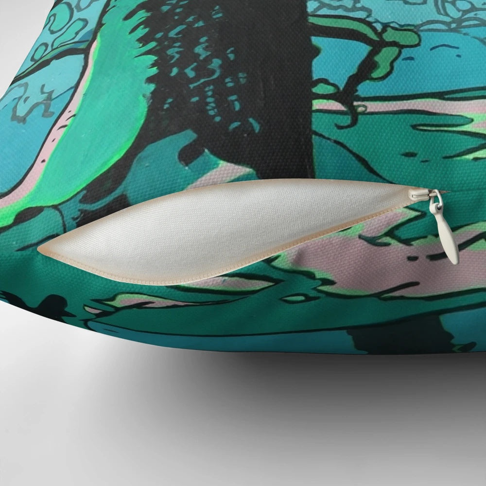 A soft, plush green forest pillow with a serene landscape design, perfect for creating a peaceful, nature-inspired atmosphere.