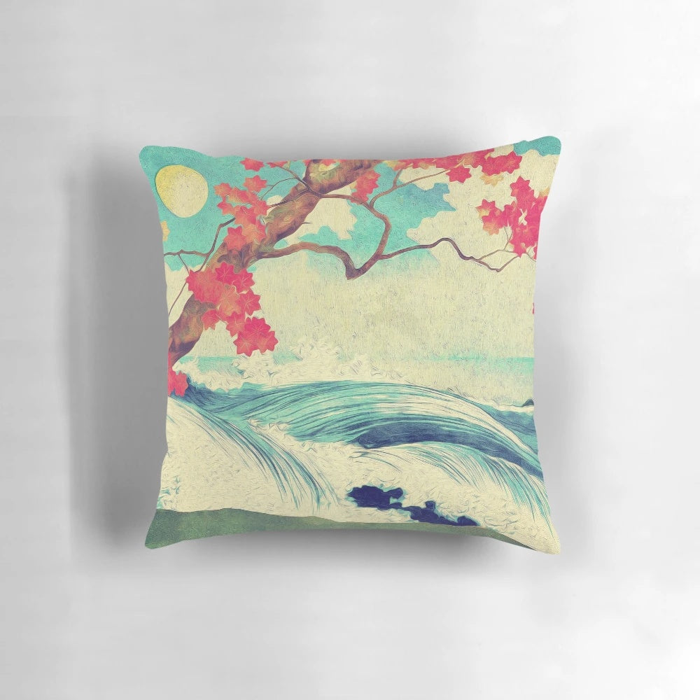 Serene ocean and tree landscape in traditional Japanese ukiyo-e art style printed on a soft, comfortable pillow