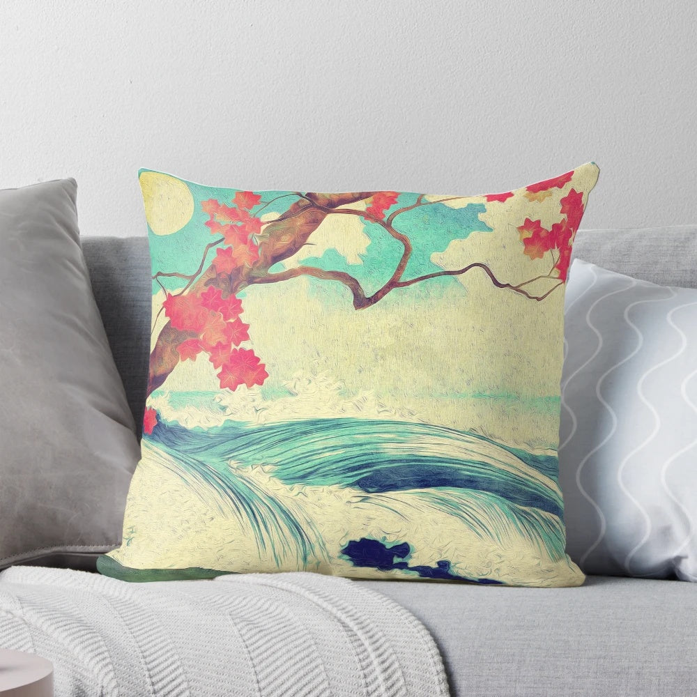 Serene ocean and tree landscape in traditional Japanese ukiyo-e art style printed on a soft, comfortable pillow