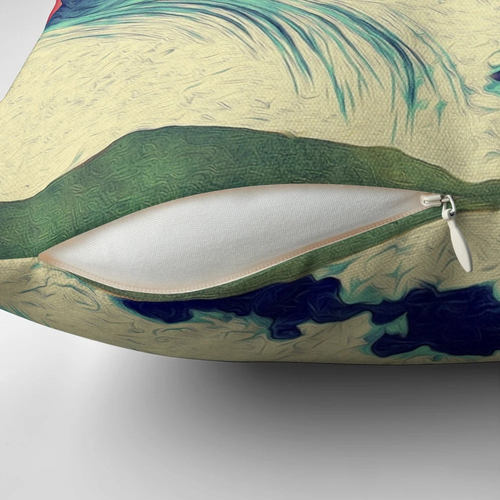 Serene ocean and tree landscape in traditional Japanese ukiyo-e art style printed on a soft, comfortable pillow