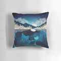 A serene midnight landscape with a reflective water surface and a full moon, printed on a soft, comfortable pillow.