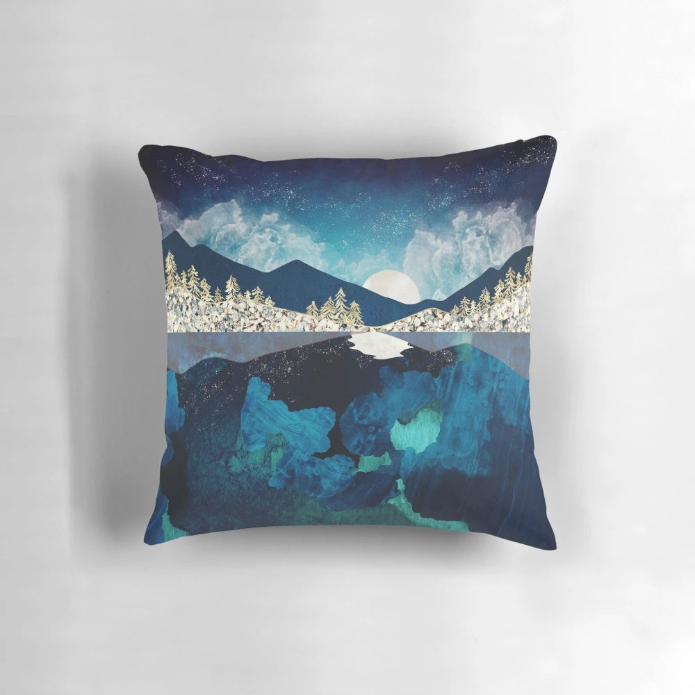 A serene midnight landscape with a reflective water surface and a full moon, printed on a soft, comfortable pillow.