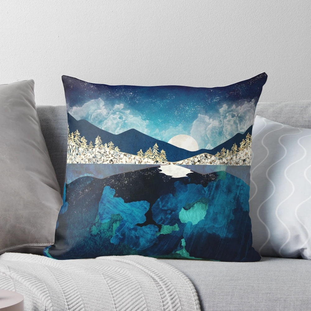 A serene midnight landscape with a reflective water surface and a full moon, printed on a soft, comfortable pillow.
