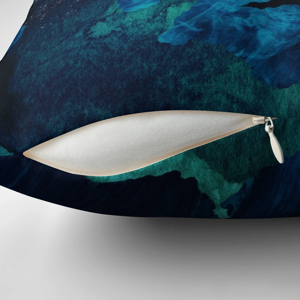 A serene midnight landscape with a reflective water surface and a full moon, printed on a soft, comfortable pillow.