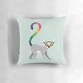 A vibrant rainbow-colored pillow featuring a serene ring-tailed lemur design, perfect for nature-inspired home decor.