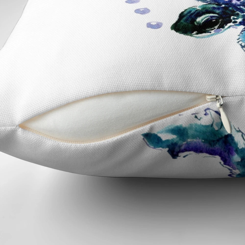 Watercolor painting of three sea turtles swimming in a blue and purple underwater scene, printed on a soft, decorative pillow.