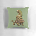 A pillow featuring a sloth and turtle relaxing together in an earth-toned design