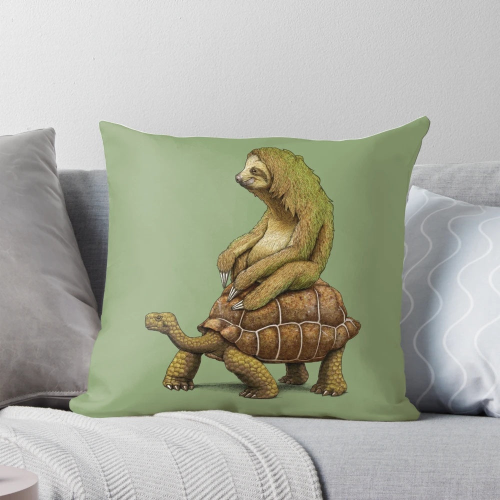 A pillow featuring a sloth and turtle relaxing together in an earth-toned design