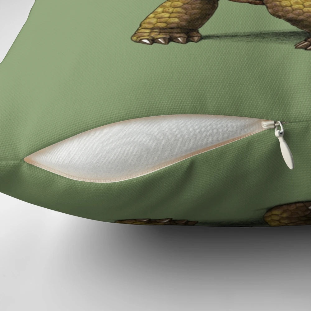 A pillow featuring a sloth and turtle relaxing together in an earth-toned design
