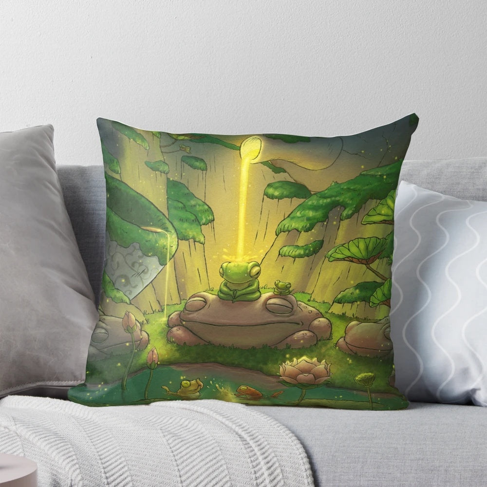 Illustration of a whimsical frog meditating in a peaceful, tranquil scene with a giant tea pot, showcasing the beauty of Asian-inspired artwork.
