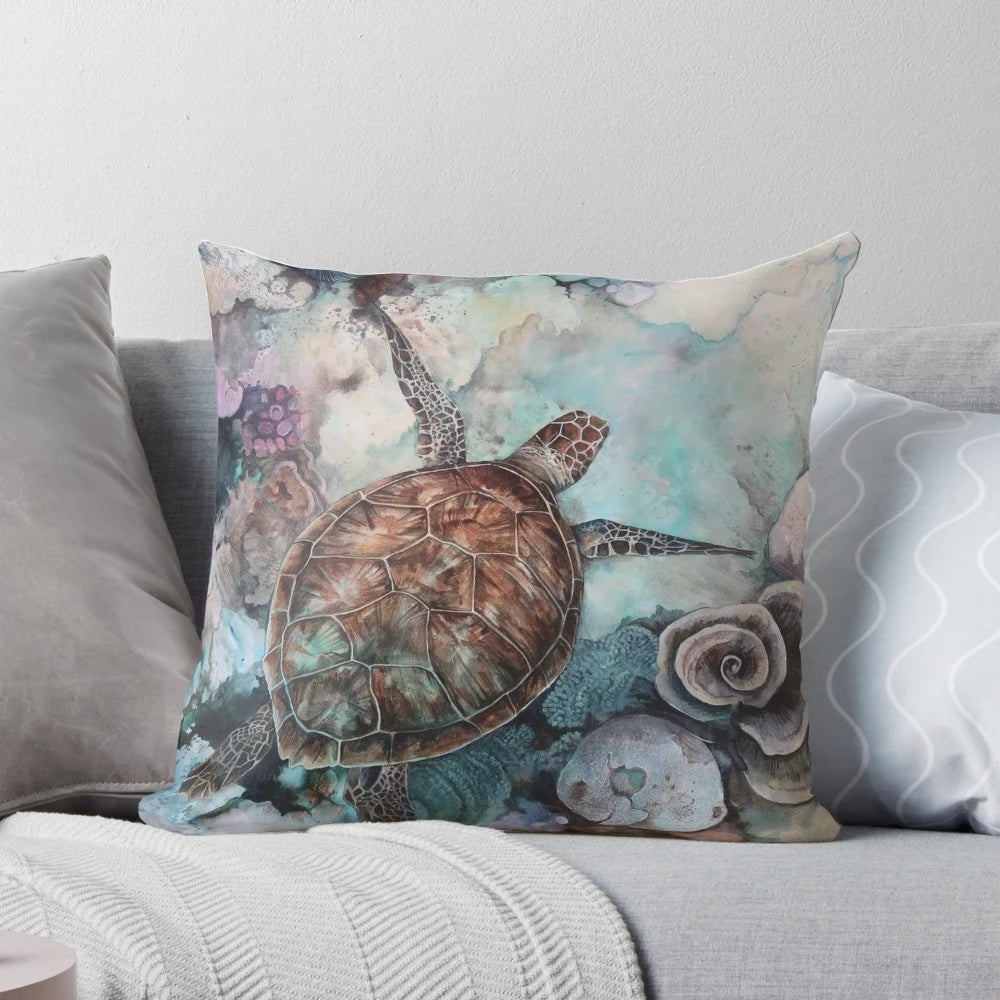 Decorative pillow featuring a vibrant illustration of a turtle swimming among a coral reef