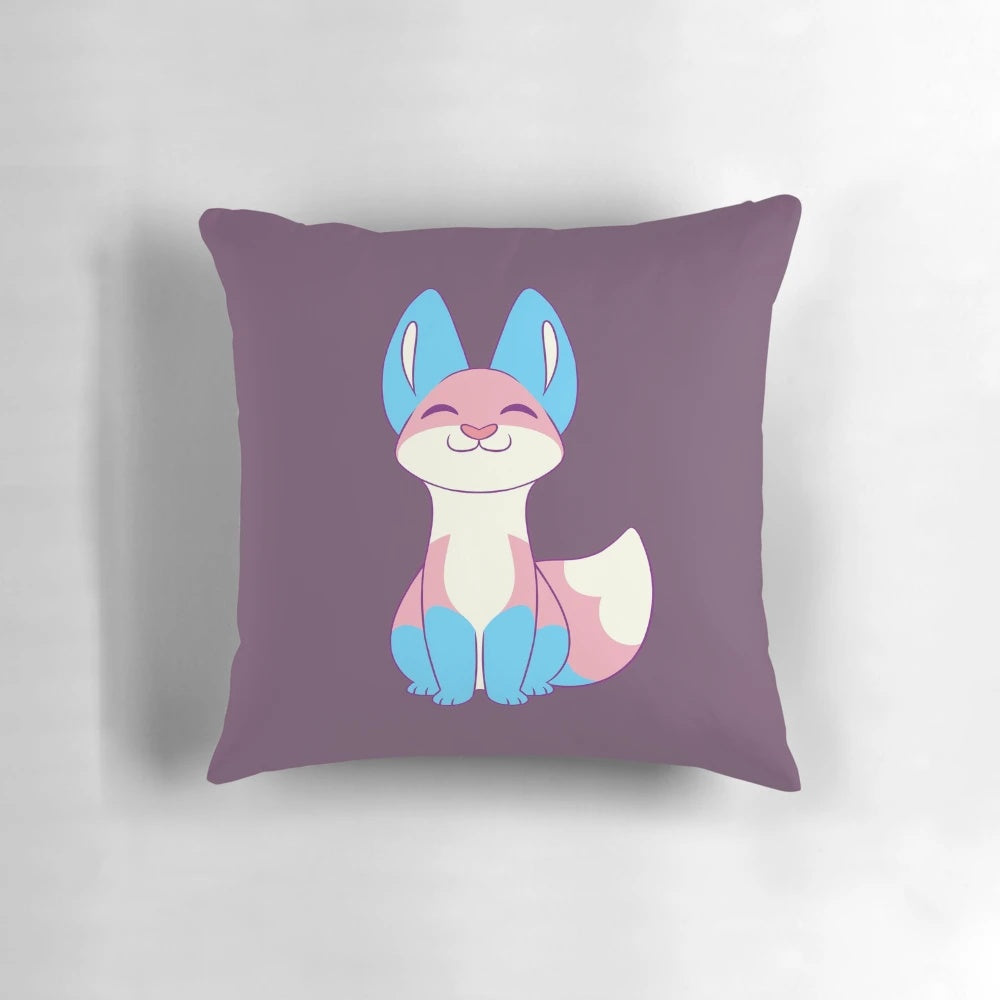 Soft, plush transgender pride fox pillow with vibrant rainbow colors