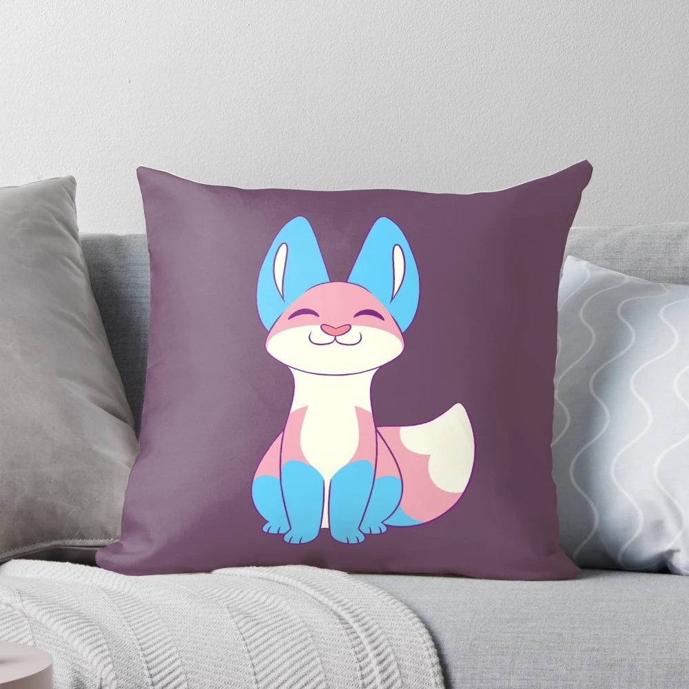 Soft, plush transgender pride fox pillow with vibrant rainbow colors