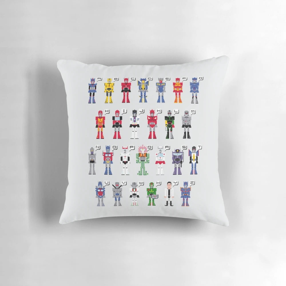 Transformers-themed alphabet pillow with pixel art design
